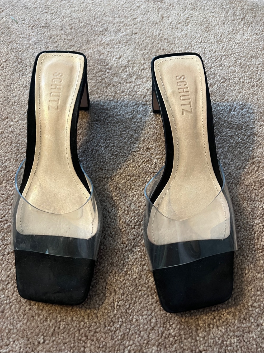 SCHUTZ Black Suede Mule Heels with Clear Strap